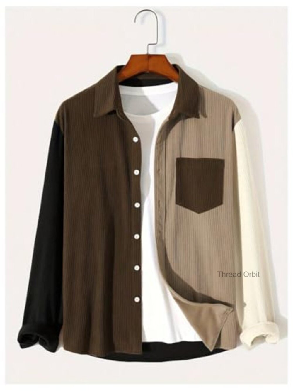 Men's Corduroy Button Down Shirt Jacket Color Block Long Sleeve Shacket - Picture 5 of 5